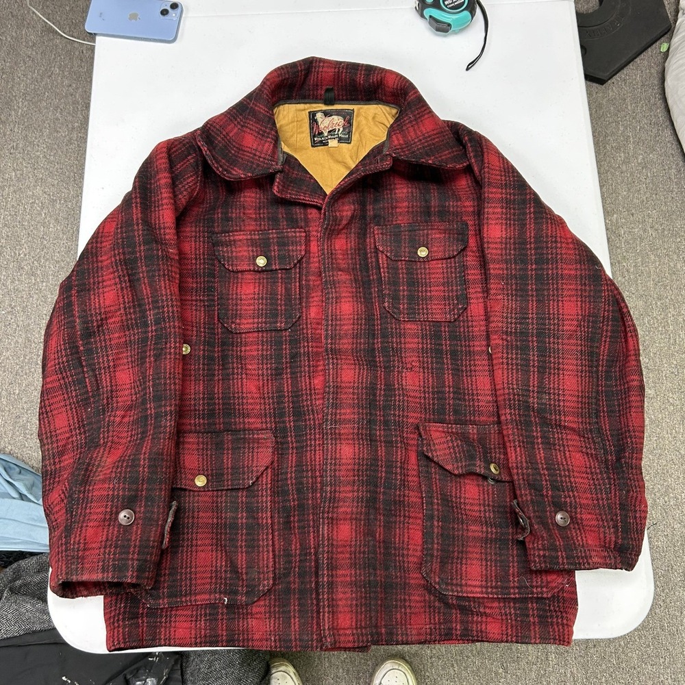 Woolrich Hunting Jacket Mens 42 Red Black Buffalo Plaid Wool Vintage Coat